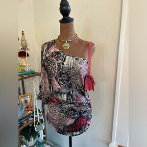 Body Central Black & Pink Metallic One-Shoulder Ruched Top/Micro Dress - Sz Med